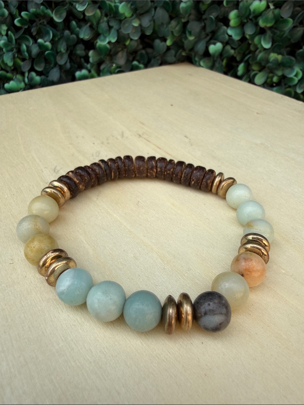 Beaded Multi-Tone Amazonite & Gold Accent Stretch Bracelet